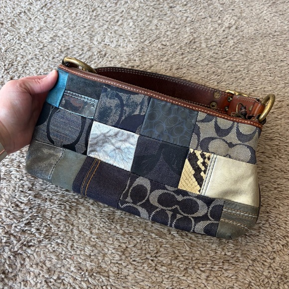 Vintage Coach Denim & Leather Blue Patchwork Pochette Shoulder Hobo Purse - Picture 2 of 16
